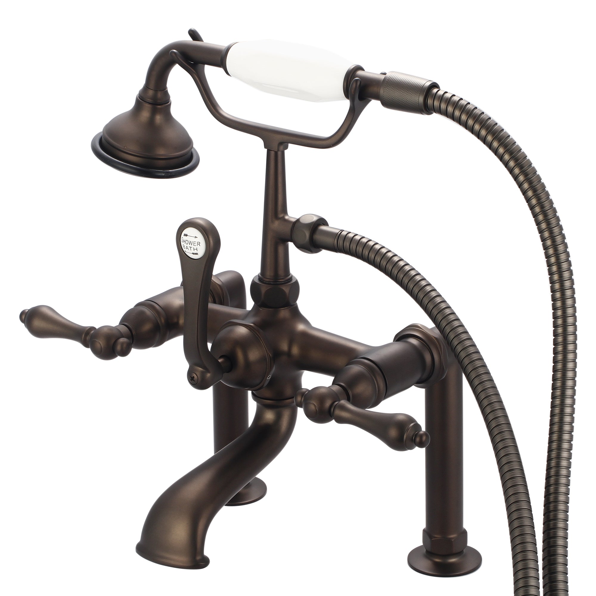 Water Creation | Vintage Classic 7 Inch Spread Deck Mount Tub Faucet With 6 Inch Risers & Handheld Shower in Oil-rubbed Bronze Finish Finish With Metal Lever Handles Without Labels | F6-0006-03-AL