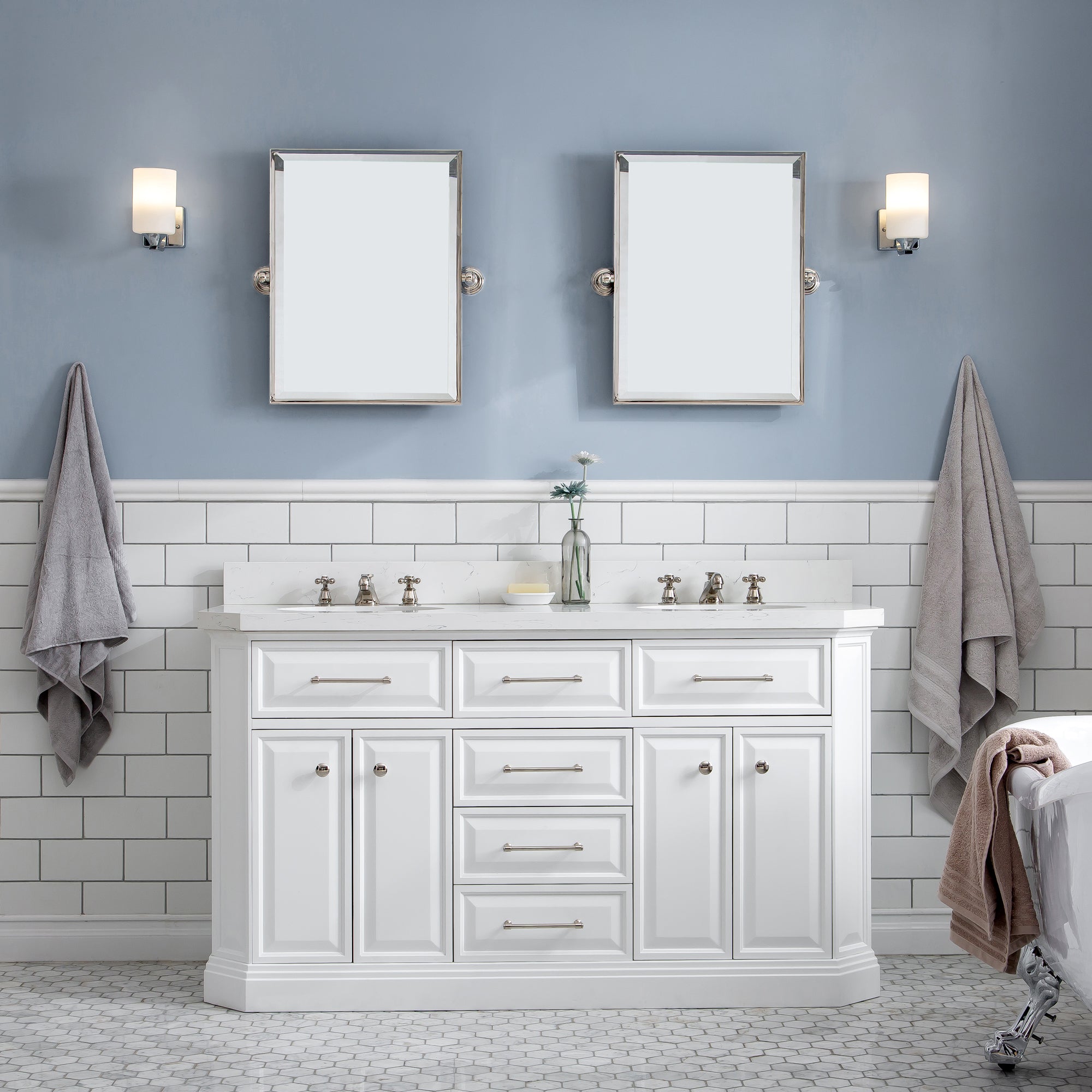 Water Creation | 60" Palace Collection Quartz Carrara Pure White Bathroom Vanity Set With Hardware, Mirror in Polished Nickel (PVD) Finish | PA60QZ05PW-E18000000