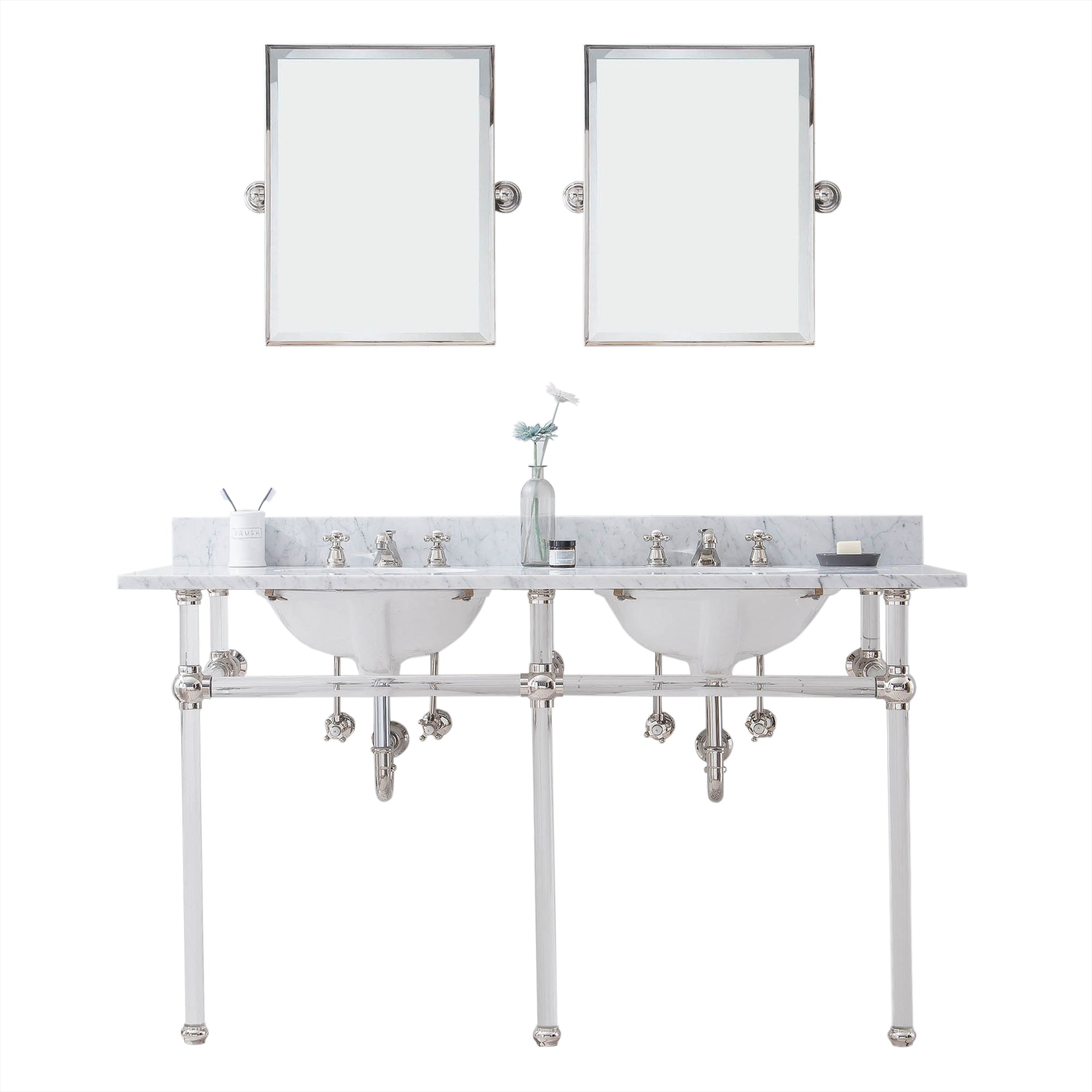 Water Creation | Empire 60 Inch Wide Double Wash Stand, P-Trap, Counter Top with Basin, F2-0009 Faucet and Mirror included in Polished Nickel (PVD) Finish | EP60E-0509