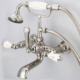 Water Creation | Vintage Classic 7 Inch Spread Wall Mount Tub Faucet With Straight Wall Connector & Handheld Shower in Polished Nickel (PVD) Finish With Porcelain Lever Handles, Hot And Cold Labels Included | F6-0010-05-CL