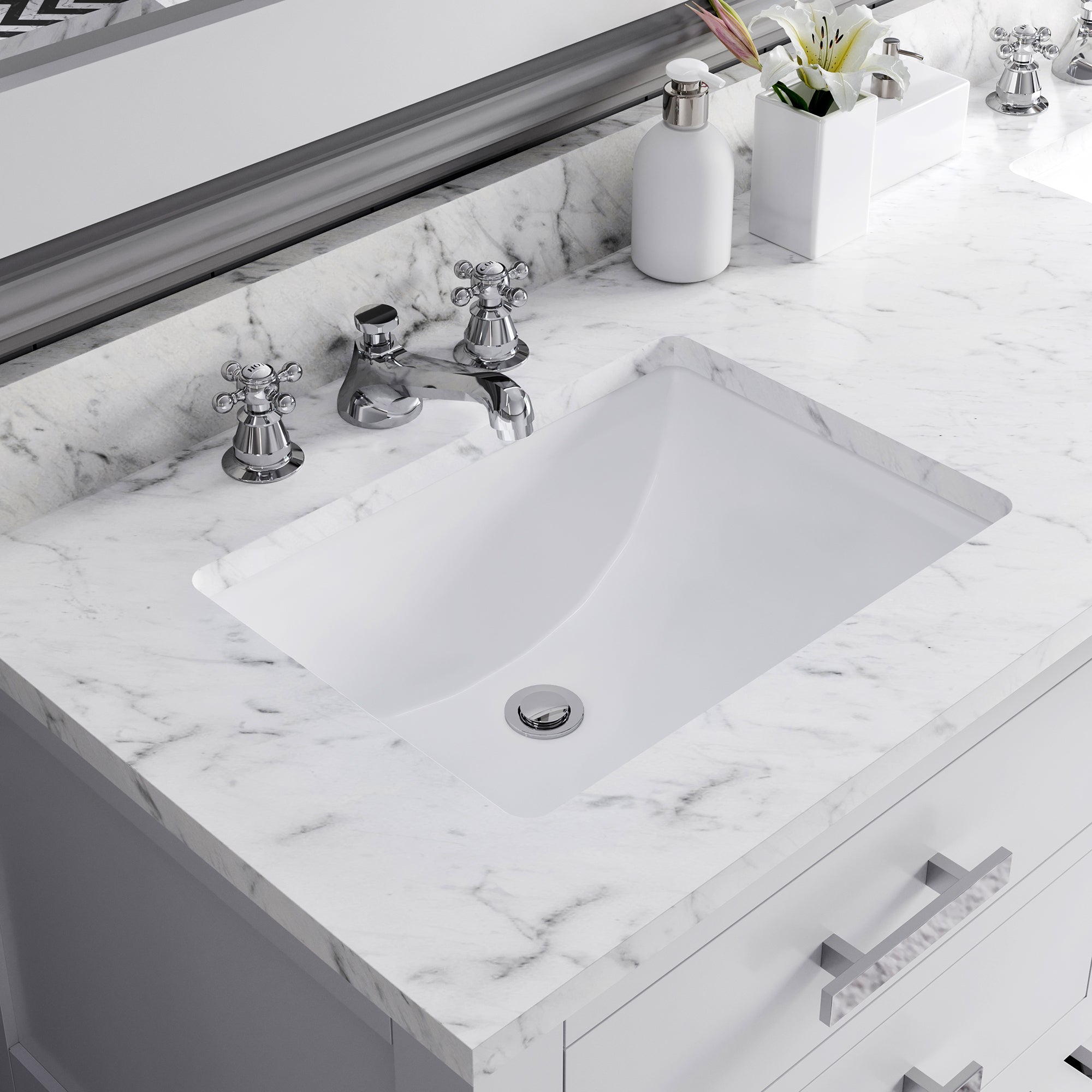 Water Creation | 60 Inch Pure White Double Sink Bathroom Vanity With 2 Matching Framed Mirrors And Faucets From The Madalyn Collection | MA60CW01PW-R21BX0901