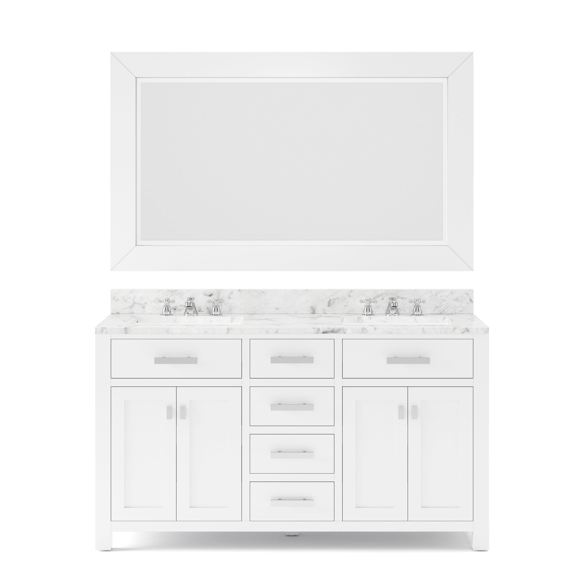 Water Creation | 60 Inch Pure White Double Sink Bathroom Vanity With Matching Framed Mirror And Faucet From The Madison Collection | MS60CW01PW-R60BX0901