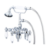 Water Creation | Vintage Classic Adjustable Center Wall Mount Tub Faucet With Down Spout, Swivel Wall Connector & Handheld Shower in Chrome Finish With Porcelain Lever Handles Without labels | F6-0018-01-PL