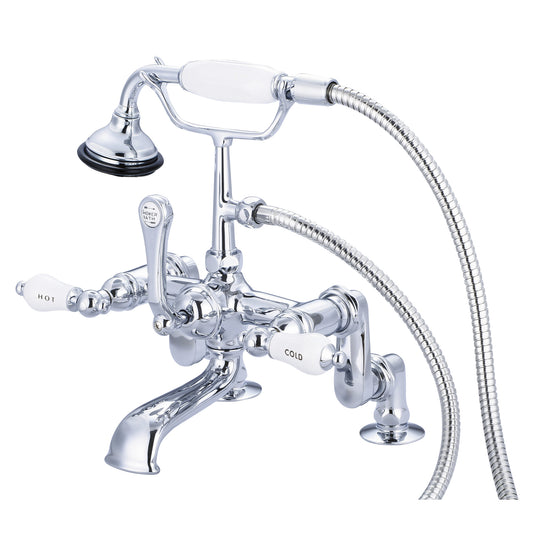 Water Creation | Vintage Classic Adjustable Center Deck Mount Tub Faucet With Handheld Shower in Chrome Finish With Porcelain Lever Handles, Hot And Cold Labels Included | F6-0008-01-CL