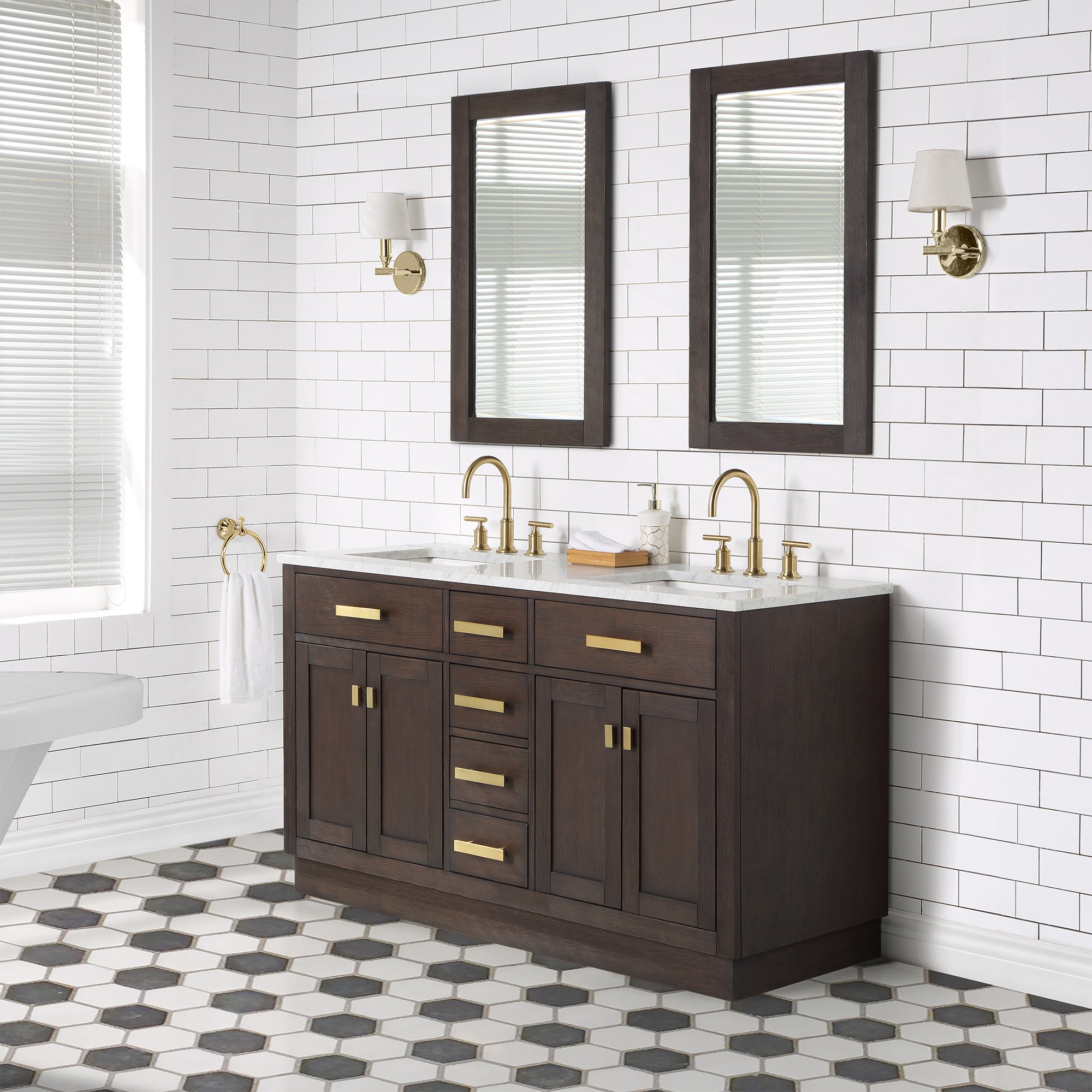 Water Creation | Chestnut 60 In. Double Sink Carrara White Marble Countertop Vanity In Brown Oak with Grooseneck Faucets | CH60CW06BK-000BL1406