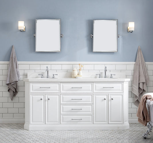 Water Creation | 72" Palace Collection Quartz Carrara Pure White Bathroom Vanity Set With Hardware And F2-0012 Faucets, Mirror in Chrome Finish | PA72QZ01PW-E18TL1201