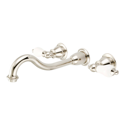 Water Creation | Elegant Spout Wall Mount Vessel/Lavatory Faucets in Polished Nickel (PVD) Finish With Porcelain Lever Handles Without labels | F4-0001-05-PL