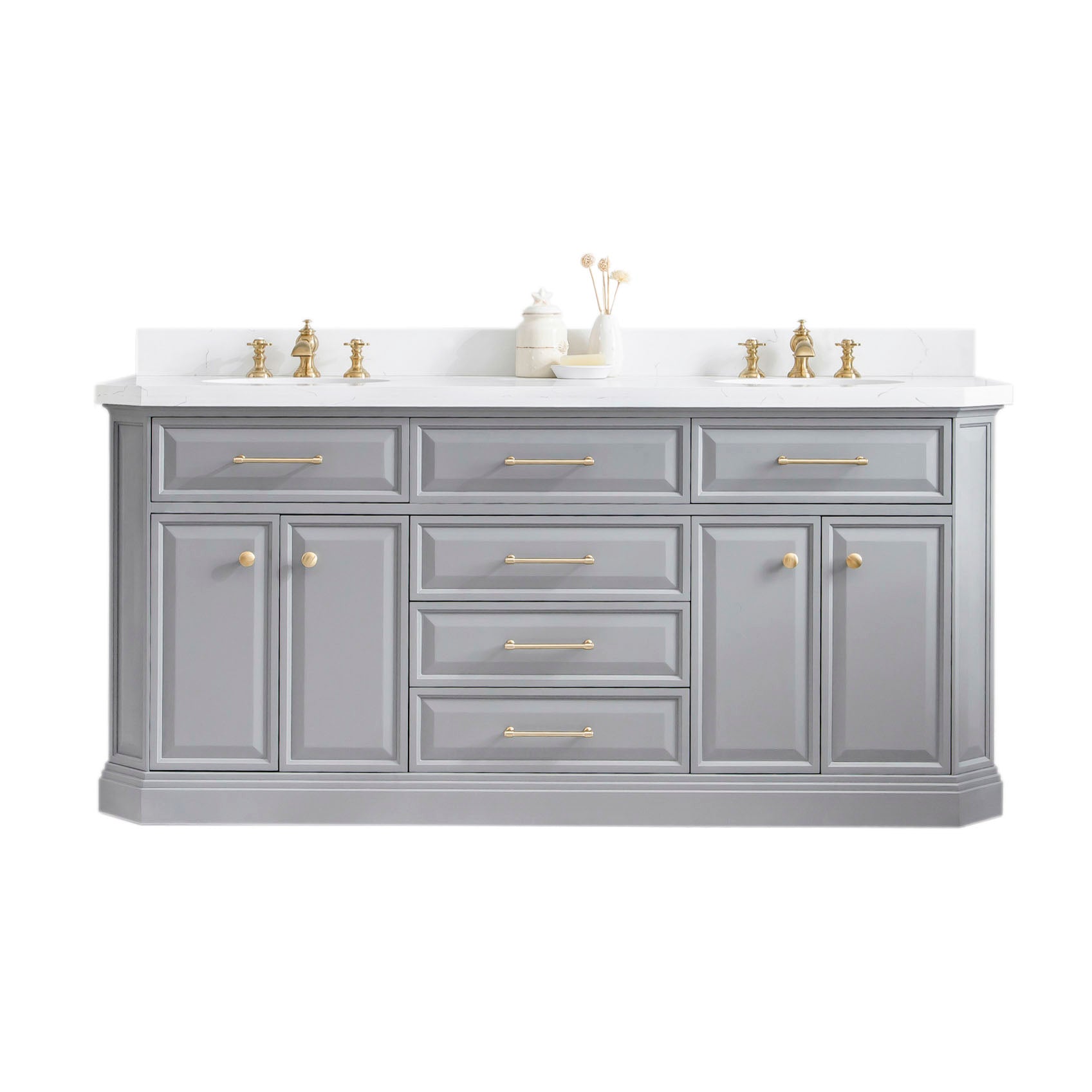 Water Creation | 72" Palace Collection Quartz Carrara Cashmere Grey Bathroom Vanity Set With Hardware in Satin Gold Finish And Only Mirrors in Chrome Finish | PA72QZ06CG-000000000