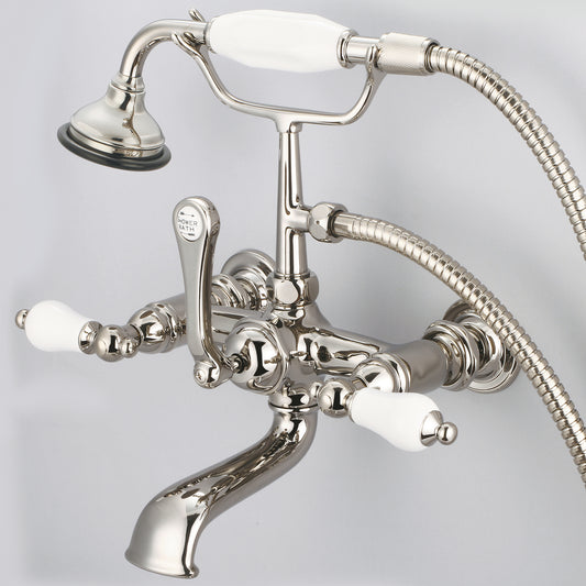 Water Creation | Vintage Classic 7 Inch Spread Wall Mount Tub Faucet With Straight Wall Connector & Handheld Shower in Polished Nickel (PVD) Finish With Porcelain Lever Handles Without labels | F6-0010-05-PL