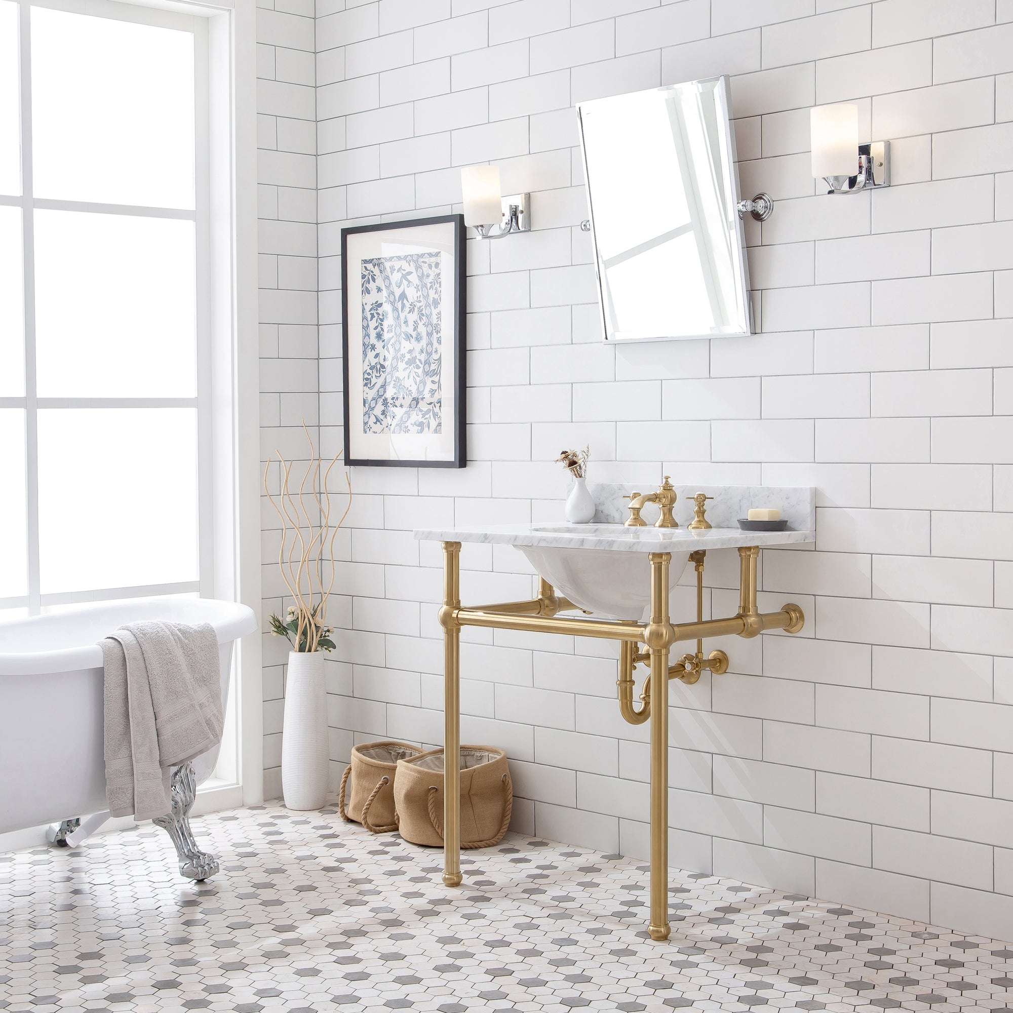 Water Creation | Embassy 30 Inch Wide Single Wash Stand, P-Trap, Counter Top with Basin, F2-0013 Faucet and Mirror included in Satin Gold Finish | EB30E-0613