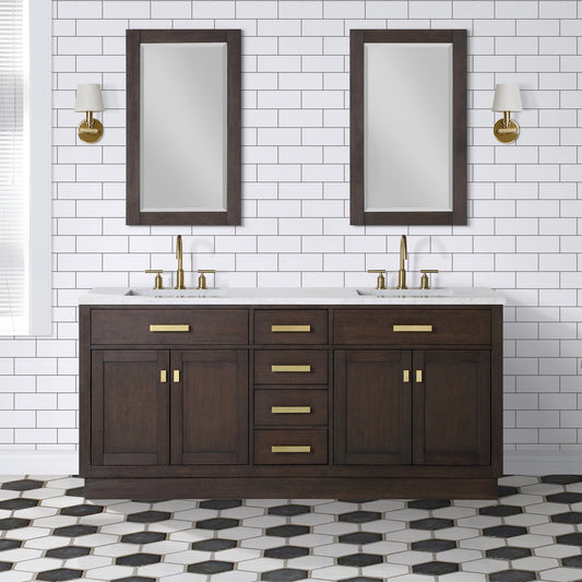 Water Creation | Chestnut 72 In. Double Sink Carrara White Marble Countertop Vanity In Brown Oak with Mirrors | CH72CW06BK-R21000000