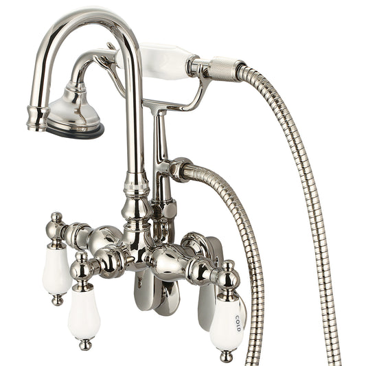 Water Creation | Vintage Classic Adjustable Spread Wall Mount Tub Faucet With Gooseneck Spout, Swivel Wall Connector & Handheld Shower in Polished Nickel (PVD) Finish With Porcelain Lever Handles, Hot And Cold Labels Included | F6-0011-05-CL