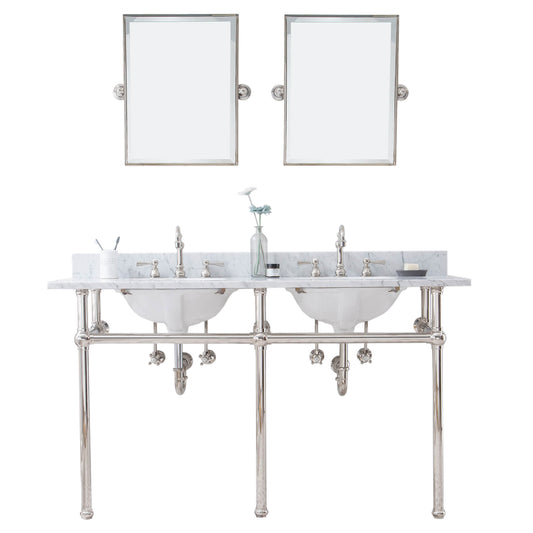 Water Creation | Embassy 60 Inch Wide Double Wash Stand, P-Trap, Counter Top with Basin, F2-0012 Faucet and Mirror included in Polished Nickel (PVD) Finish | EB60E-0512