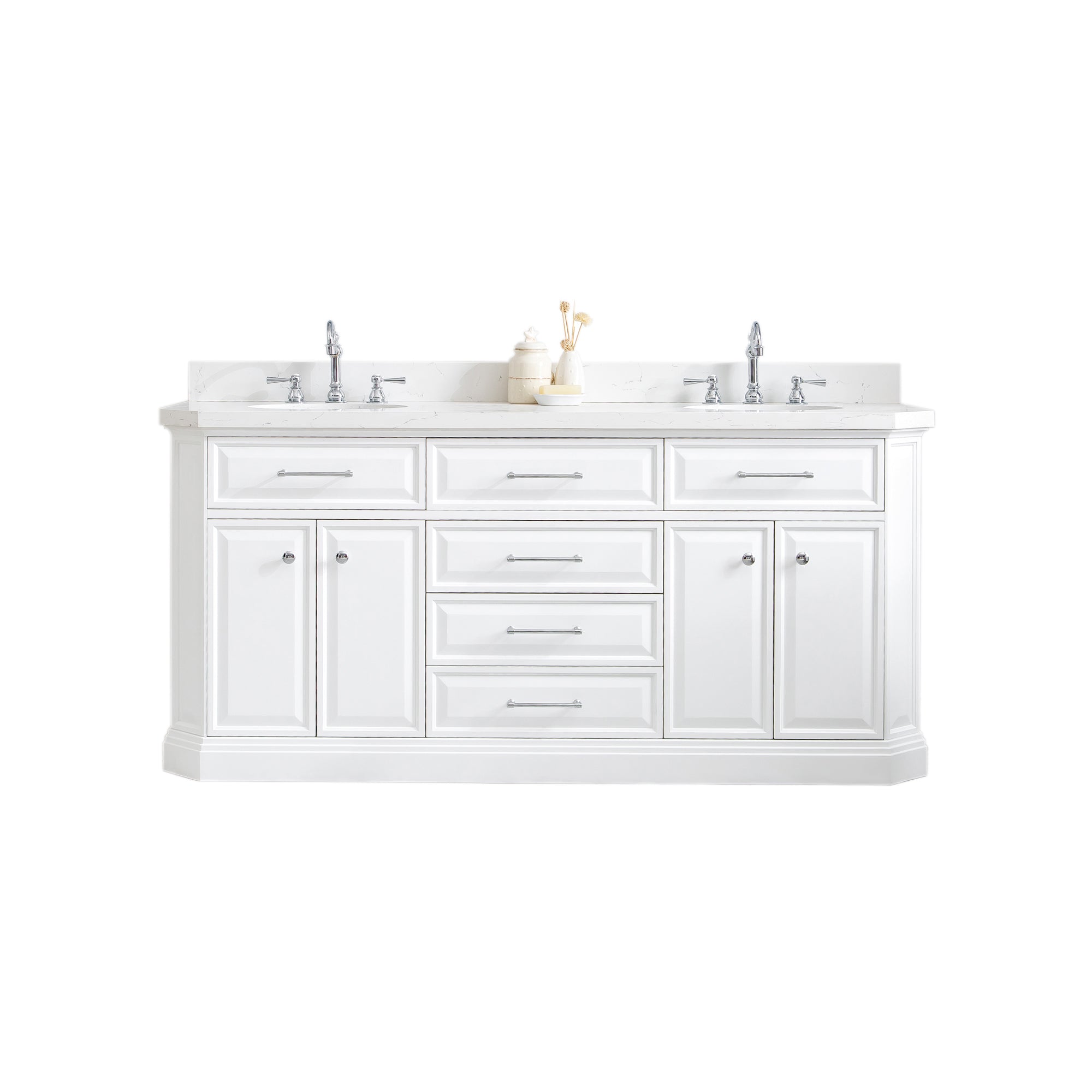 Water Creation | 72" Palace Collection Quartz Carrara Pure White Bathroom Vanity Set With Hardware And F2-0012 Faucets in Chrome Finish | PA72QZ01PW-000TL1201