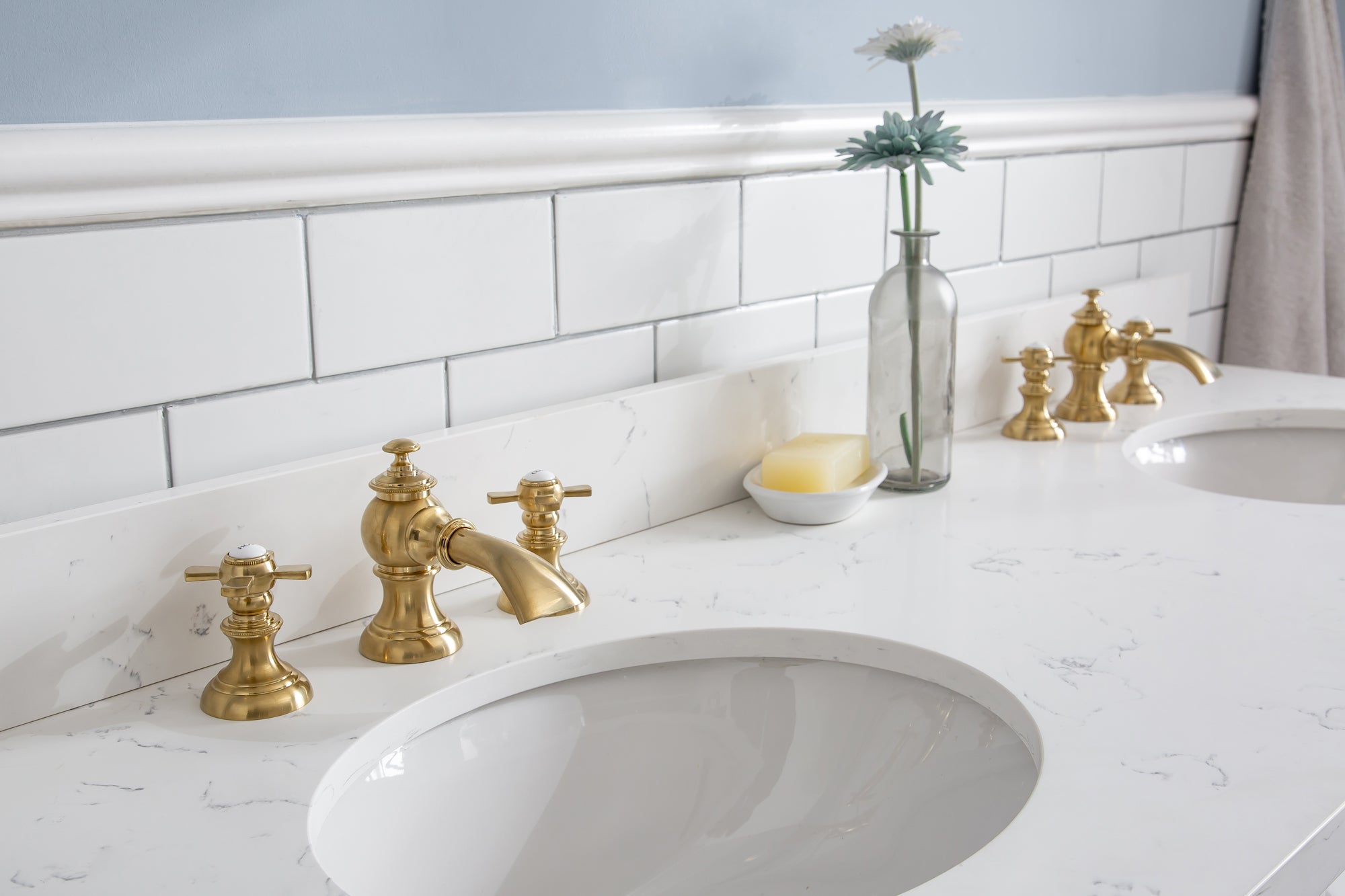 Water Creation | 60" Palace Collection Quartz Carrara Pure White Bathroom Vanity Set With Hardware And F2-0013 Faucets in Satin Gold Finish And Only Mirrors in Chrome Finish | PA60QZ06PW-E18FX1306