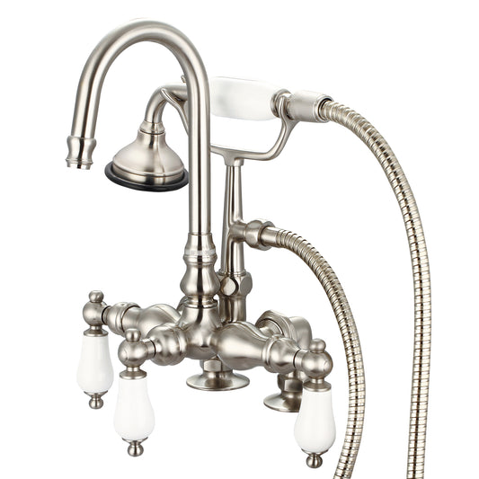 Water Creation | Vintage Classic 3.375 Inch Center Deck Mount Tub Faucet With Gooseneck Spout, 2 Inch Risers & Handheld Shower in Brushed Nickel Finish With Porcelain Lever Handles Without labels | F6-0013-02-PL