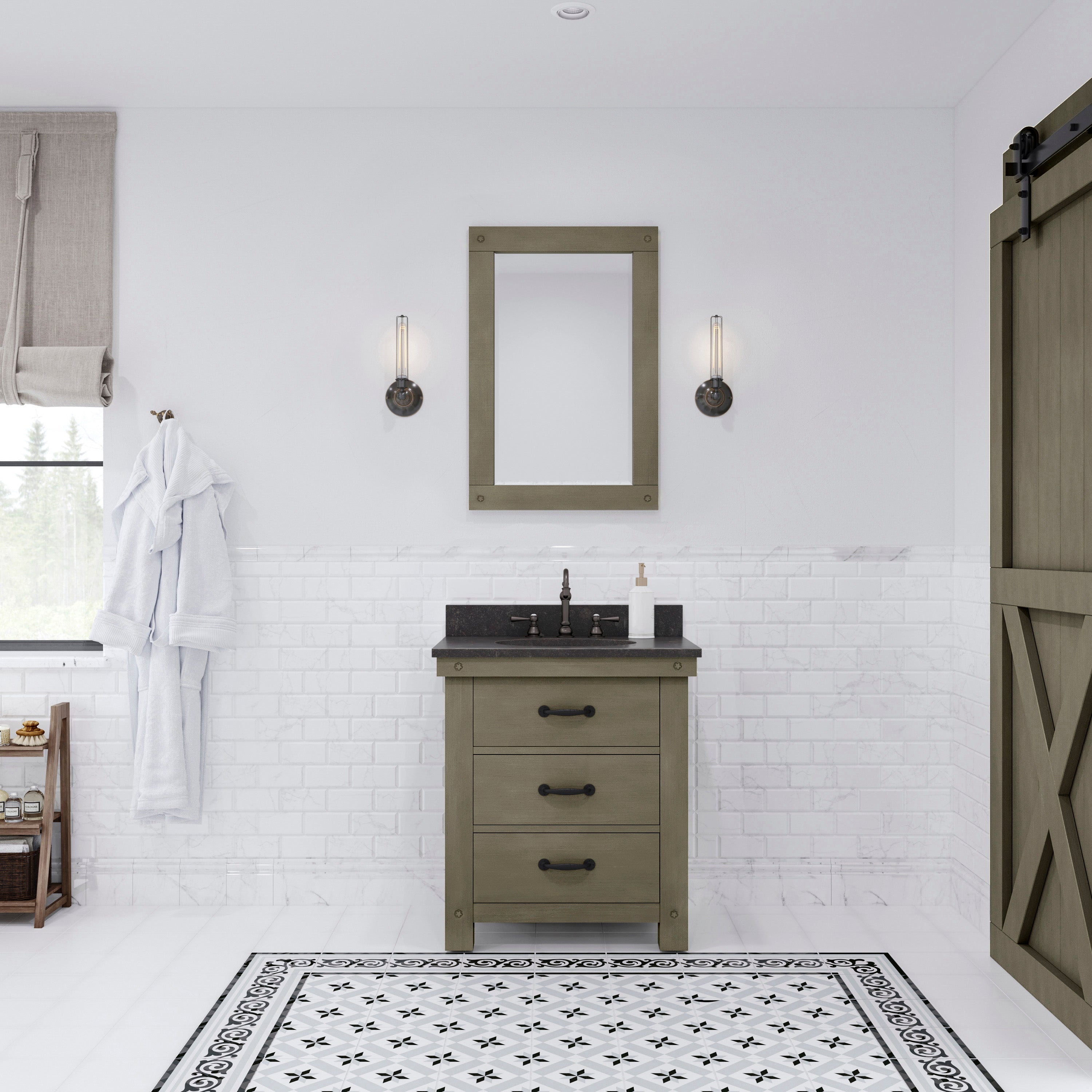 Water Creation | 30 Inch Grizzle Grey Single Sink Bathroom Vanity With Mirror With Blue Limestone Counter Top From The ABERDEEN Collection | AB30BL03GG-A24000000