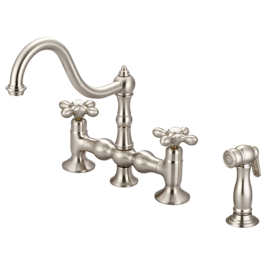 Water Creation | Bridge Style Kitchen Faucet With Side Spray To Match in Brushed Nickel Finish With Metal Lever Handles, Hot And Cold Labels Included | F5-0010-02-AX