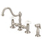 Water Creation | Bridge Style Kitchen Faucet With Side Spray To Match in Brushed Nickel Finish With Porcelain Cross Handles, Hot And Cold Labels Included | F5-0010-02-PX