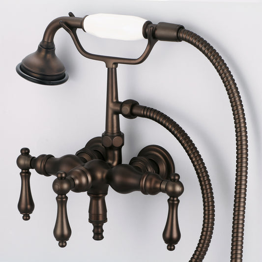 Water Creation | Vintage Classic 3.375 Inch Center Wall Mount Tub Faucet With Down Spout, Straight Wall Connector & Handheld Shower in Oil-rubbed Bronze Finish Finish With Metal Lever Handles Without Labels | F6-0017-03-AL