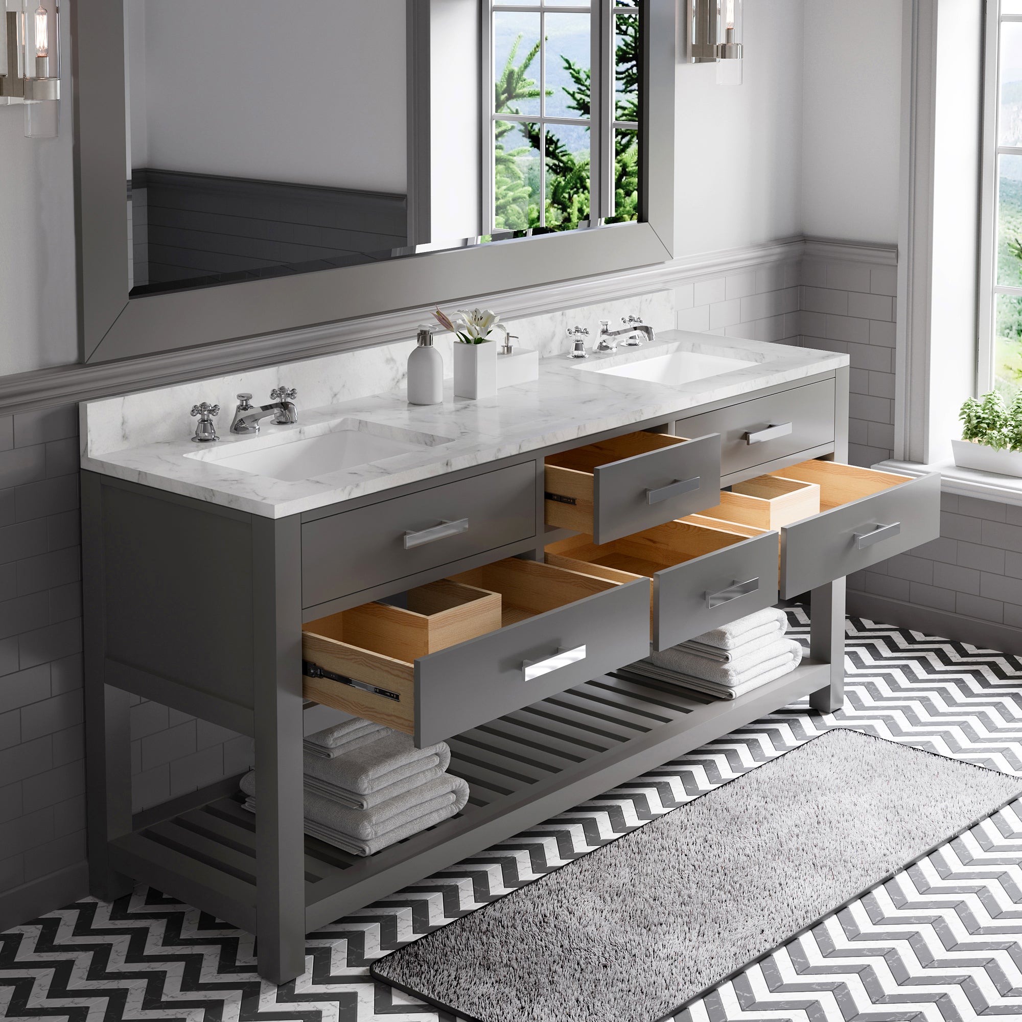 Water Creation | 72 Inch Cashmere Grey Double Sink Bathroom Vanity With Matching Framed Mirror And Faucet From The Madalyn Collection | MA72CW01CG-R72BX0901