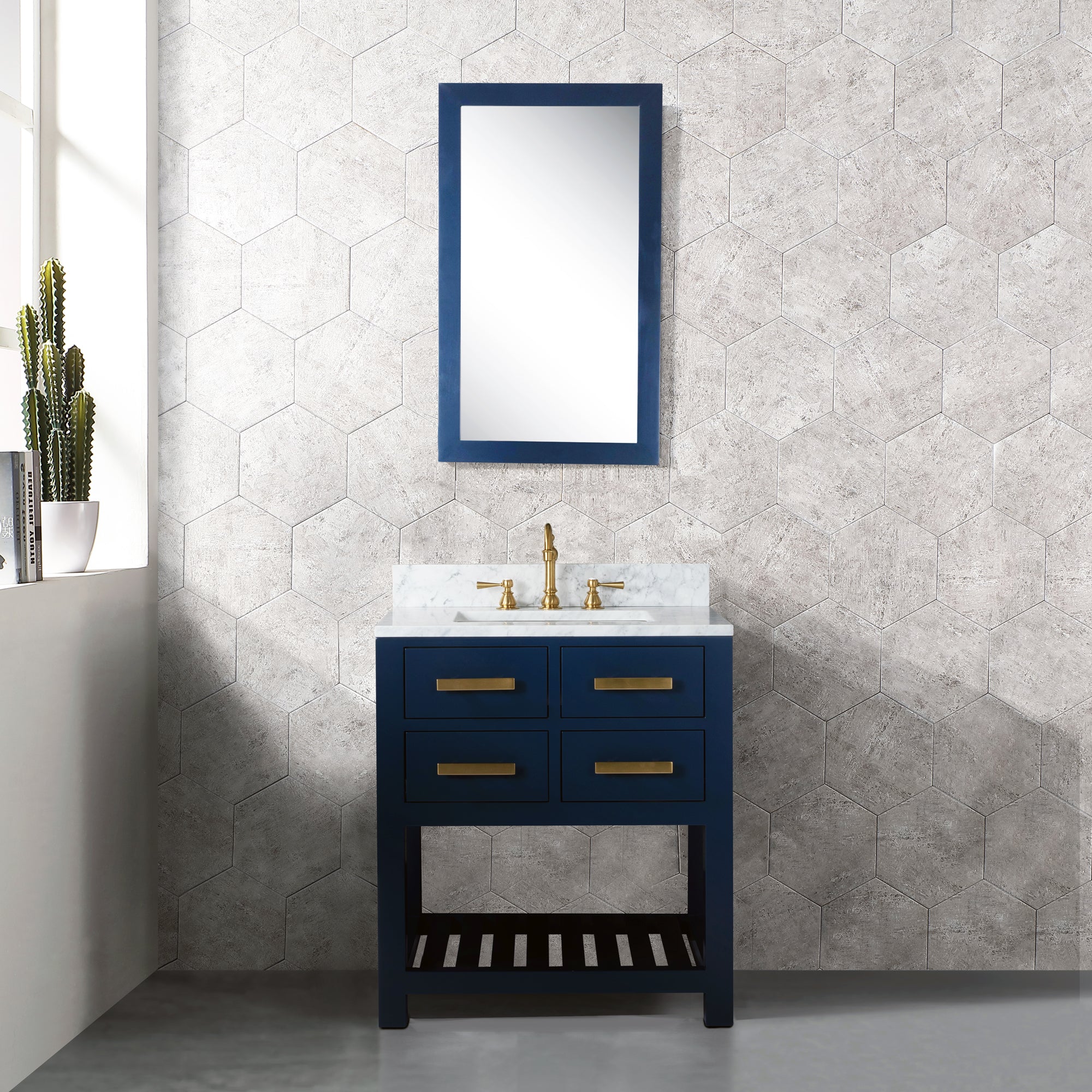 Water Creation | 30 Inch Monarch Blue Single Sink Bathroom Vanity With F2-0012 Satin Gold Faucet And Mirror From The Madalyn Collection | MA30CW06MB-R21TL1206