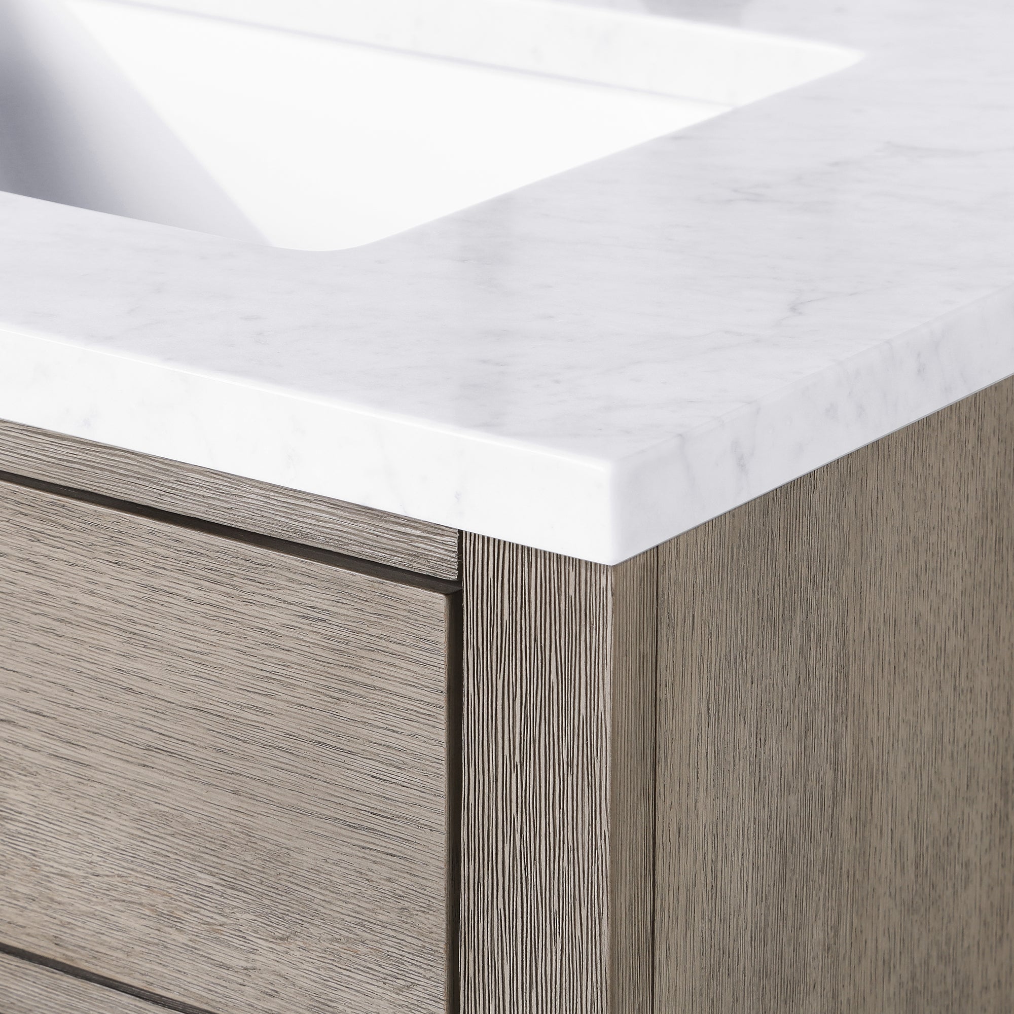 Water Creation | Chestnut 72 In. Double Sink Carrara White Marble Countertop Vanity In Grey Oak with Grooseneck Faucets | CH72CW03GK-000BL1403