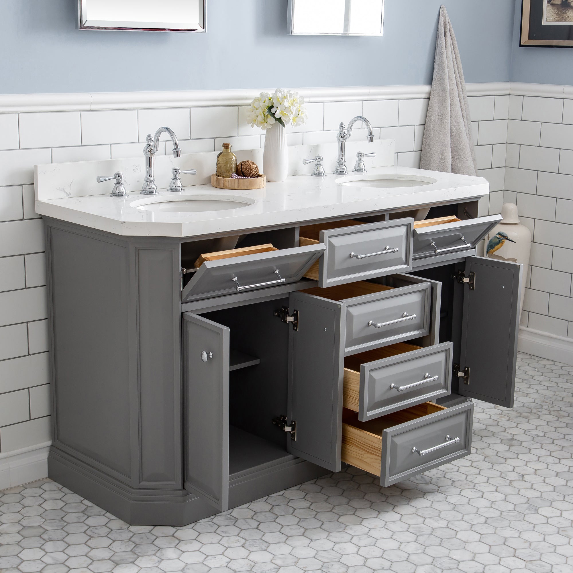 Water Creation | 60" Palace Collection Quartz Carrara Cashmere Grey Bathroom Vanity Set With Hardware And F2-0012 Faucets in Chrome Finish | PA60QZ01CG-000TL1201