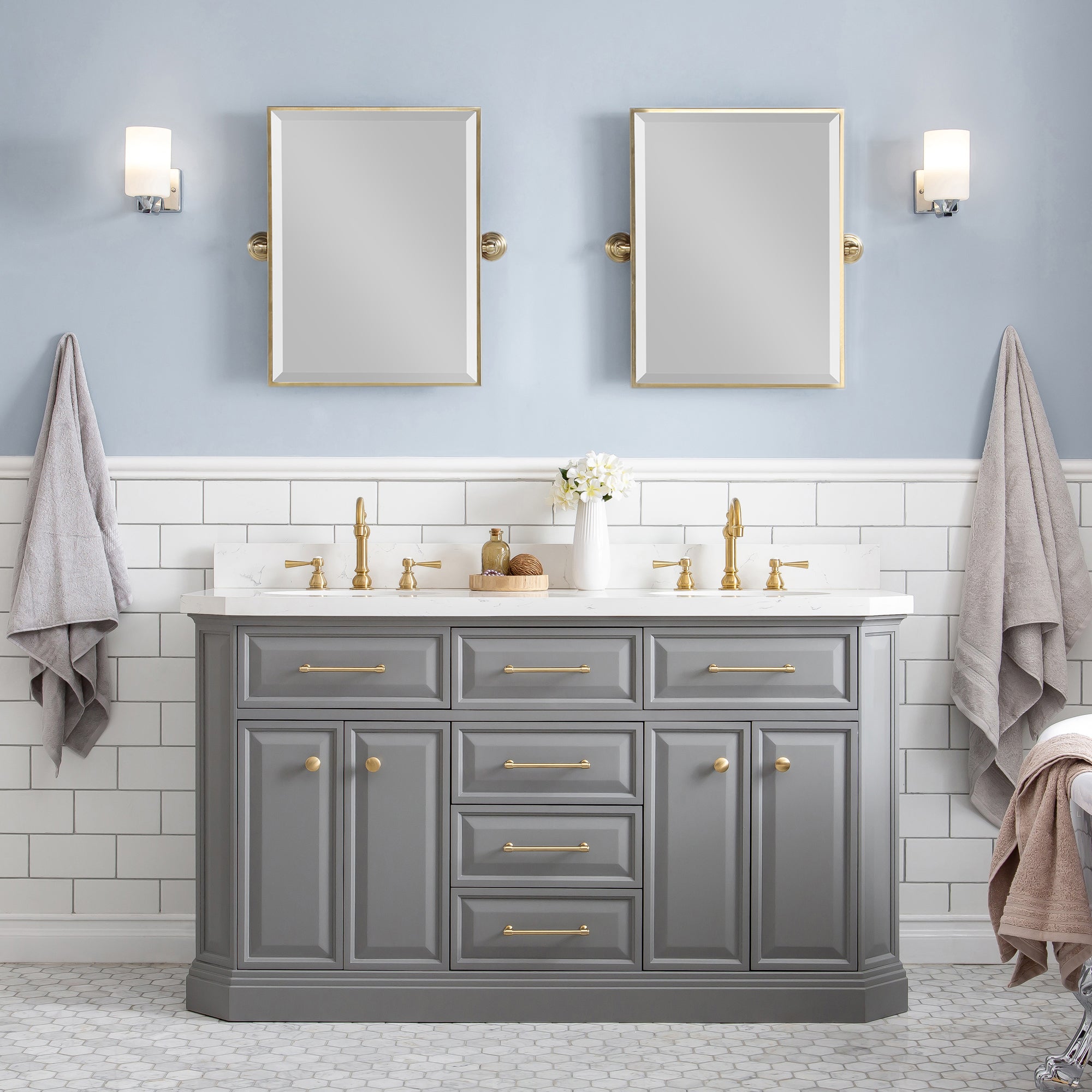 Water Creation | 60" Palace Collection Quartz Carrara Cashmere Grey Bathroom Vanity Set With Hardware And F2-0012 Faucets in Satin Gold Finish And Only Mirrors in Chrome Finish | PA60QZ06CG-E18TL1206