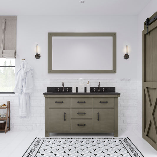 Water Creation | 60 Inch Grizzle Grey Double Sink Bathroom Vanity With Mirror With Blue Limestone Counter Top From The ABERDEEN Collection | AB60BL03GG-A60000000