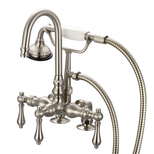 Water Creation | Vintage Classic 3.375 Inch Center Deck Mount Tub Faucet With Gooseneck Spout, 2 Inch Risers & Handheld Shower in Brushed Nickel Finish With Metal Lever Handles Without Labels | F6-0013-02-AL