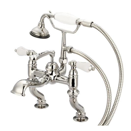 Water Creation | Vintage Classic Adjustable Center Deck Mount Tub Faucet With Handheld Shower in Polished Nickel (PVD) Finish With Porcelain Lever Handles, Hot And Cold Labels Included | F6-0004-05-CL