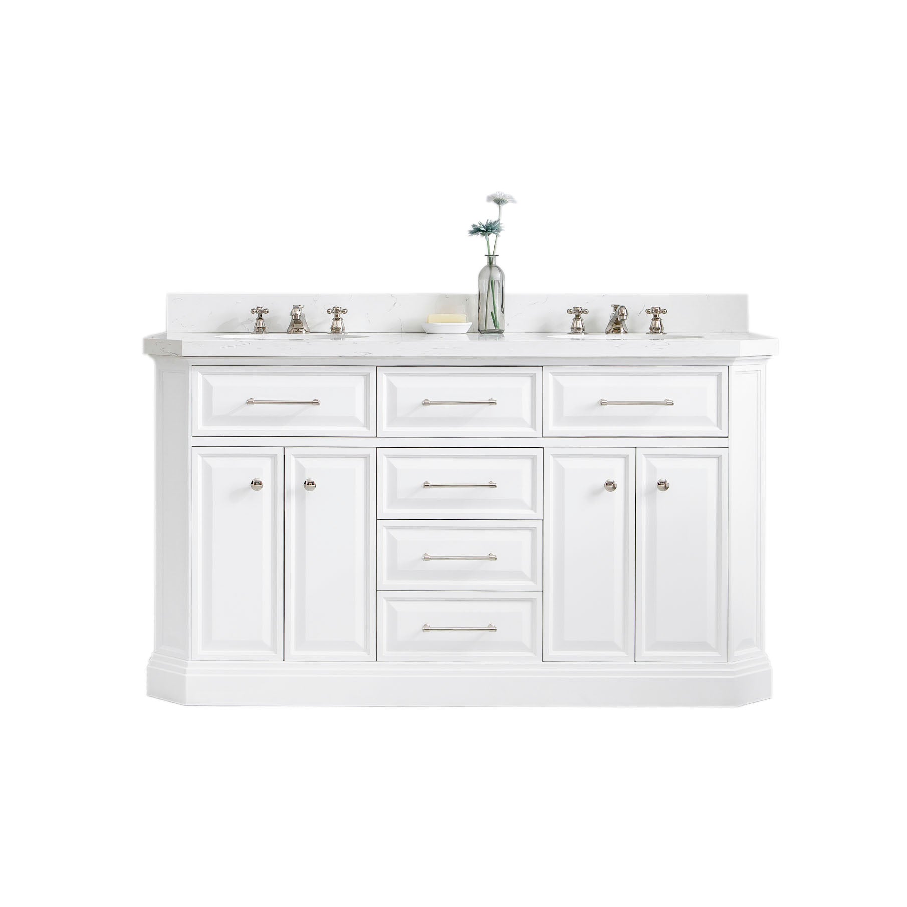 Water Creation | 60" Palace Collection Quartz Carrara Pure White Bathroom Vanity Set With Hardware And F2-0009 Faucets in Polished Nickel (PVD) Finish | PA60QZ05PW-000BX0905