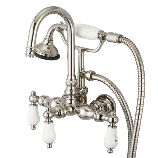 Water Creation | Vintage Classic 3.375 Inch Center Wall Mount Tub Faucet With Gooseneck Spout, Straight Wall Connector & Handheld Shower in Polished Nickel (PVD) Finish With Porcelain Lever Handles, Hot And Cold Labels Included | F6-0012-05-CL