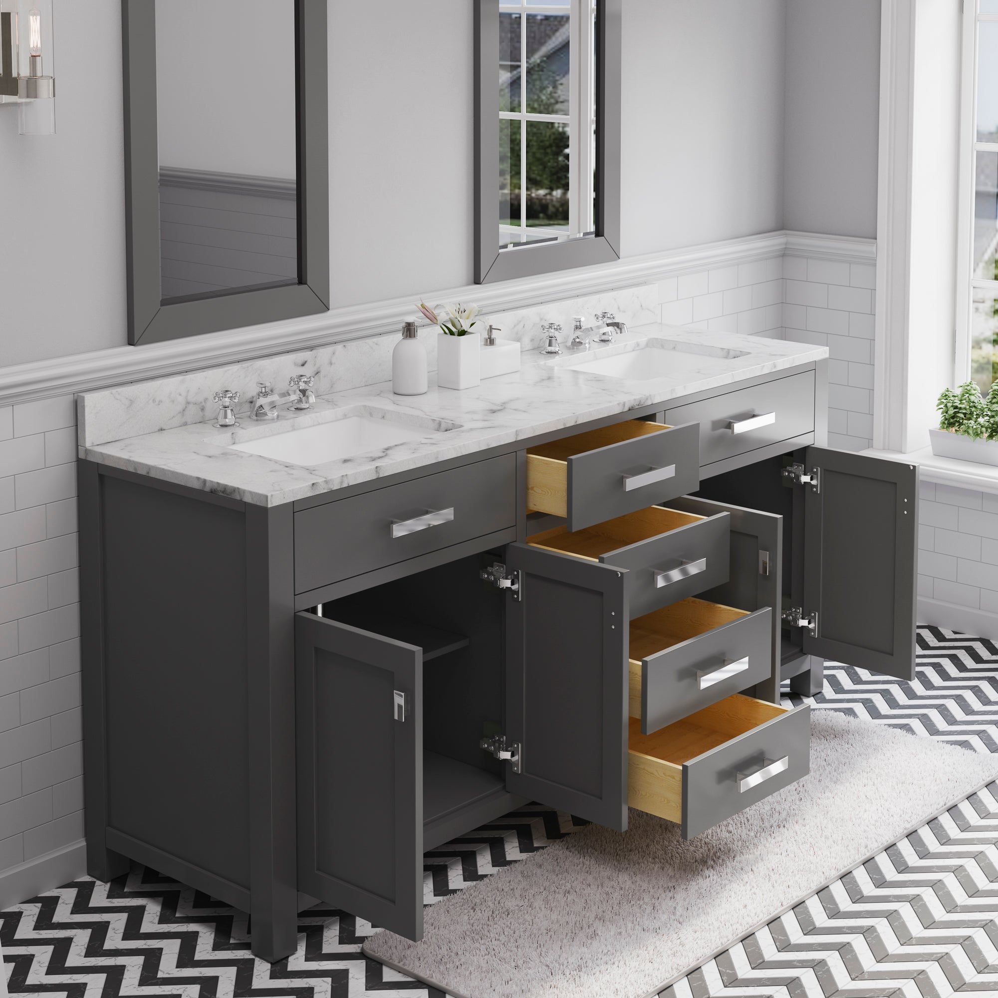 Water Creation | 72 Inch Cashmere Grey Double Sink Bathroom Vanity With 2 Matching Framed Mirrors From The Madison Collection | MS72CW01CG-R24000000