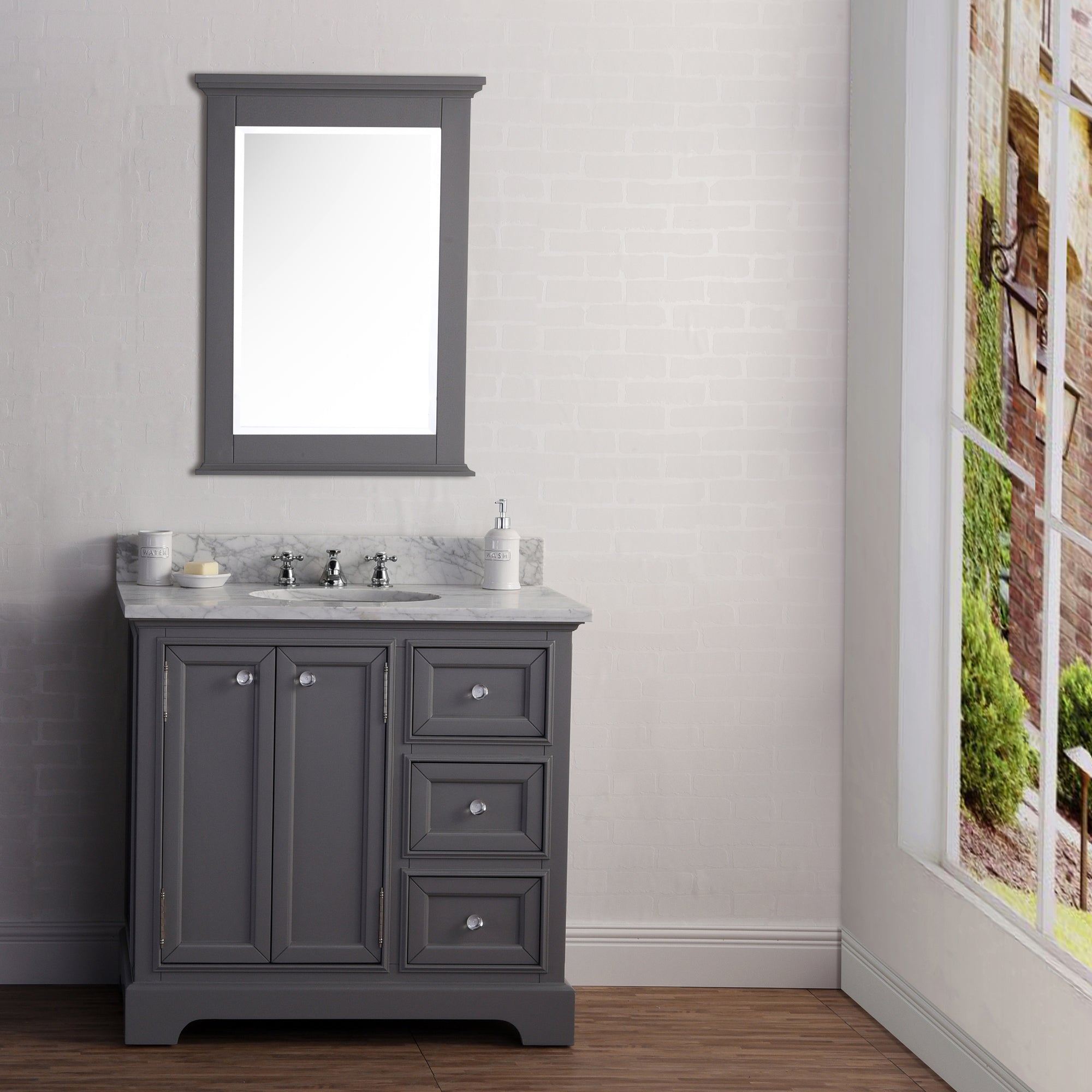 Water Creation | 36 Inch Wide Cashmere Grey Single Sink Carrara Marble Bathroom Vanity With Matching Mirror And Faucet(s) From The Derby Collection | DE36CW01CG-B24BX0901