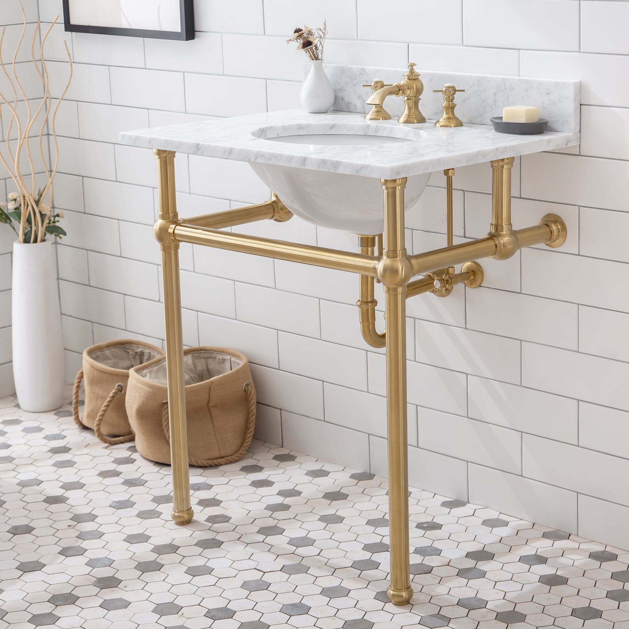 Water Creation | Embassy 30 Inch Wide Single Wash Stand, P-Trap, Counter Top with Basin, F2-0013 Faucet and Mirror included in Satin Gold Finish | EB30E-0613