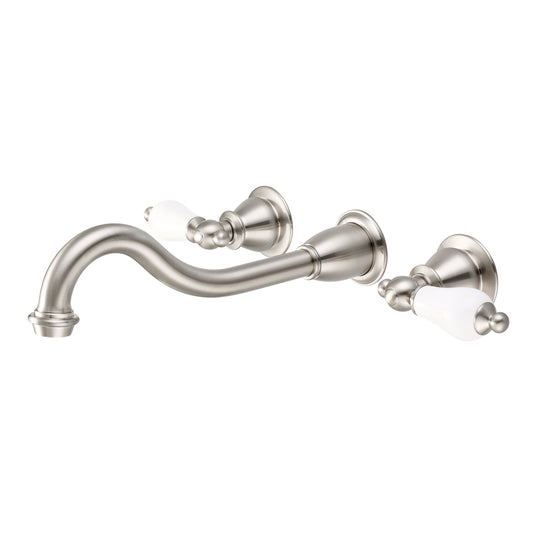 Water Creation | Elegant Spout Wall Mount Vessel/Lavatory Faucets in Brushed Nickel Finish With Porcelain Lever Handles Without labels | F4-0001-02-PL