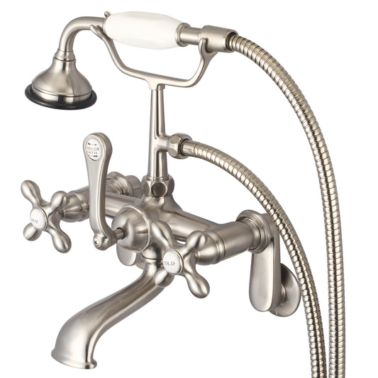 Water Creation | Vintage Classic Adjustable Center Wall Mount Tub Faucet With Swivel Wall Connector & Handheld Shower in Brushed Nickel Finish With Metal Lever Handles, Hot And Cold Labels Included | F6-0009-02-AX