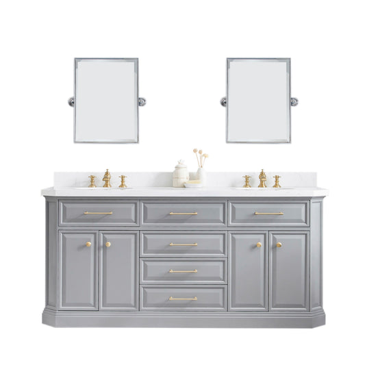 Water Creation | 72" Palace Collection Quartz Carrara Cashmere Grey Bathroom Vanity Set With Hardware And F2-0013 Faucets in Satin Gold Finish And Only Mirrors in Chrome Finish | PA72QZ06CG-E18FX1306