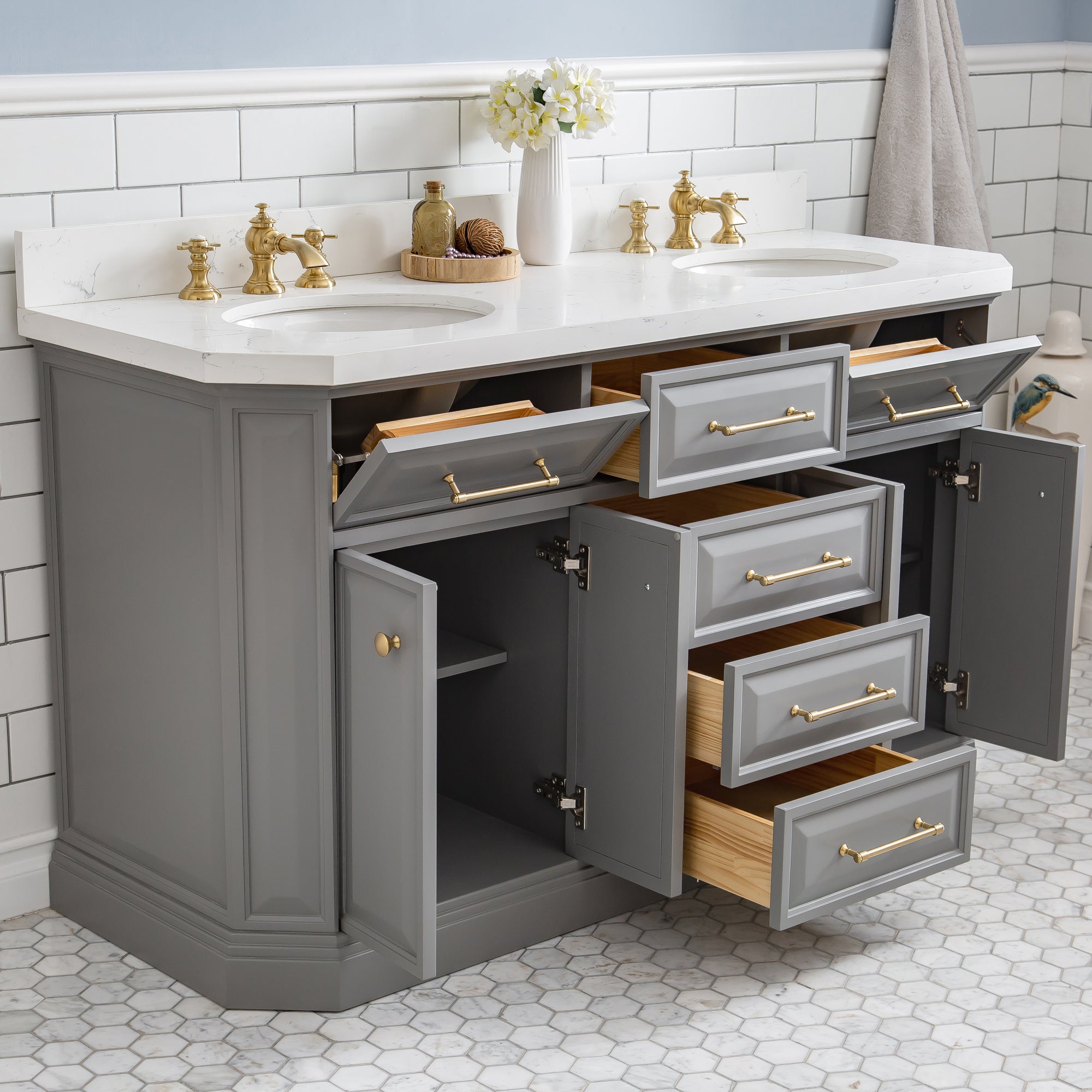 Water Creation | 60" Palace Collection Quartz Carrara Cashmere Grey Bathroom Vanity Set With Hardware in Satin Gold Finish And Only Mirrors in Chrome Finish | PA60QZ06CG-000000000