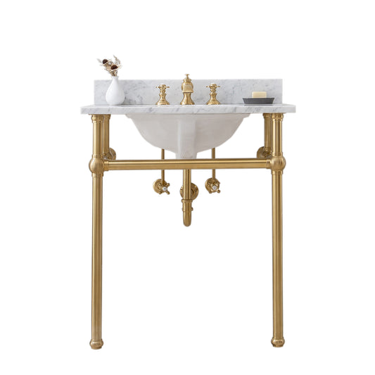Water Creation | Embassy 30 Inch Wide Single Wash Stand, P-Trap, Counter Top with Basin, and F2-0013 Faucet included in Satin Gold Finish | EB30D-0613