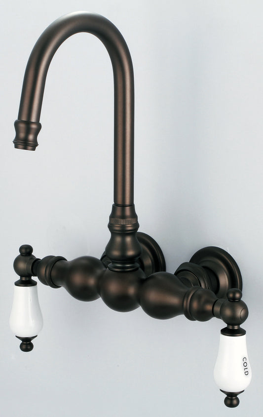 Water Creation | Vintage Classic 3.375 Inch Center Wall Mount Tub Faucet With Gooseneck Spout & Straight Wall Connector in Oil-rubbed Bronze Finish Finish With Porcelain Lever Handles, Hot And Cold Labels Included | F6-0014-03-CL