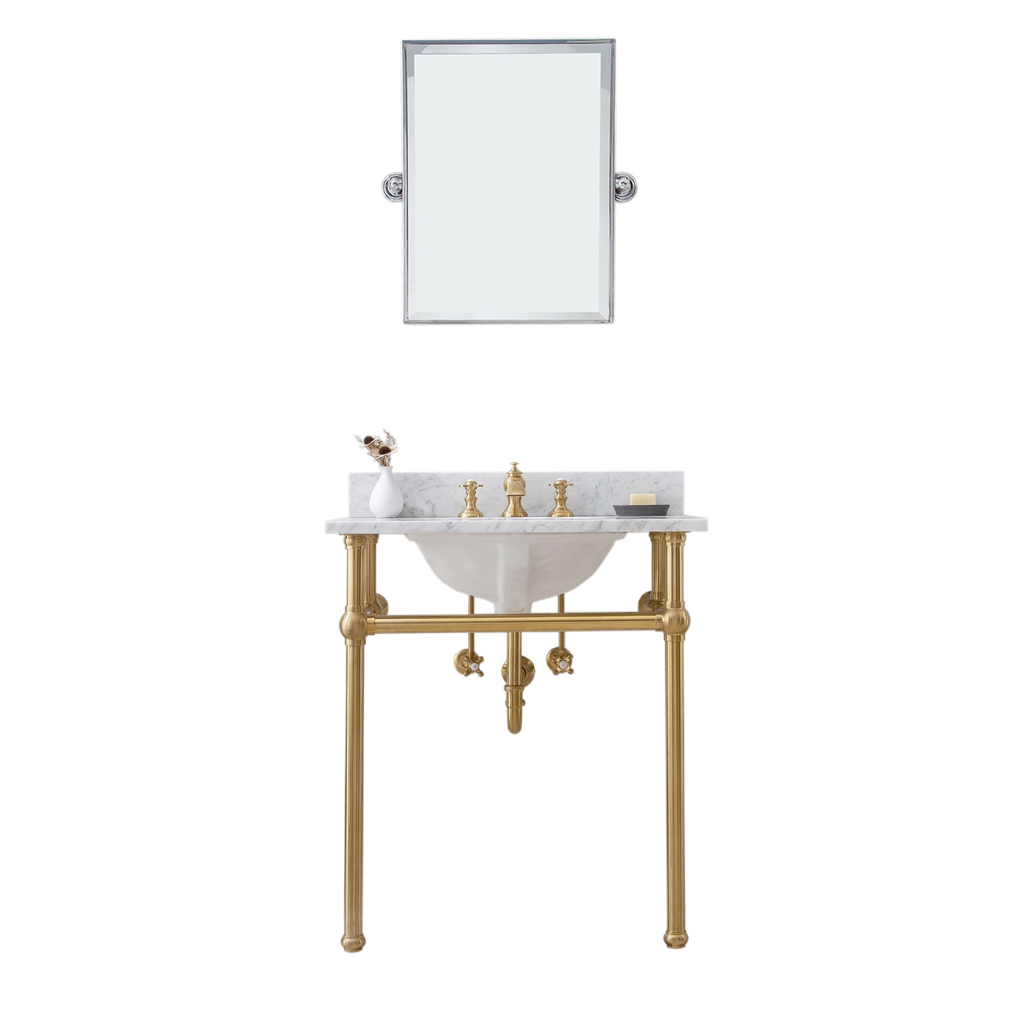 Water Creation | Embassy 30 Inch Wide Single Wash Stand, P-Trap, Counter Top with Basin, F2-0013 Faucet and Mirror included in Satin Gold Finish | EB30E-0613