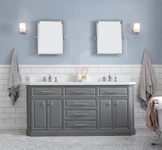 Water Creation | 72" Palace Collection Quartz Carrara Cashmere Grey Bathroom Vanity Set With Hardware, Mirror in Polished Nickel (PVD) Finish | PA72QZ05CG-E18000000