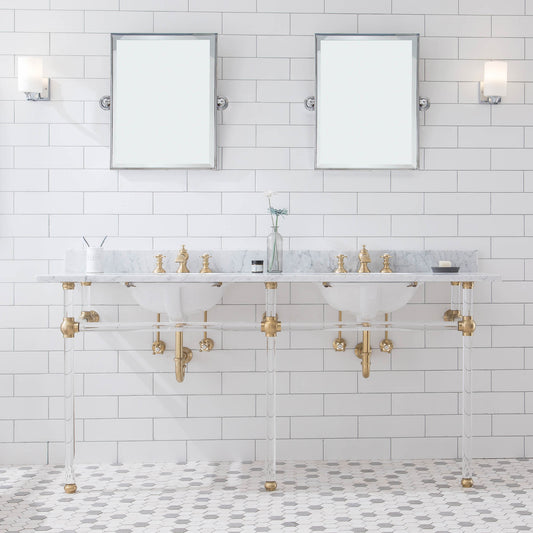 Water Creation | Empire 72 Inch Wide Double Wash Stand, P-Trap, Counter Top with Basin, F2-0013 Faucet and Mirror included in Satin Gold Finish | EP72E-0613