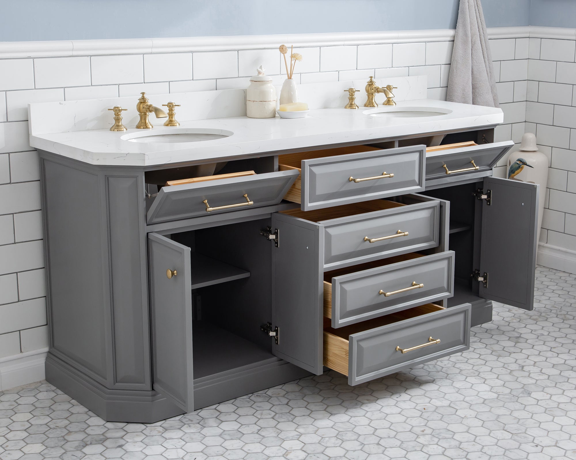 Water Creation | 72" Palace Collection Quartz Carrara Cashmere Grey Bathroom Vanity Set With Hardware And F2-0013 Faucets in Satin Gold Finish And Only Mirrors in Chrome Finish | PA72QZ06CG-E18FX1306