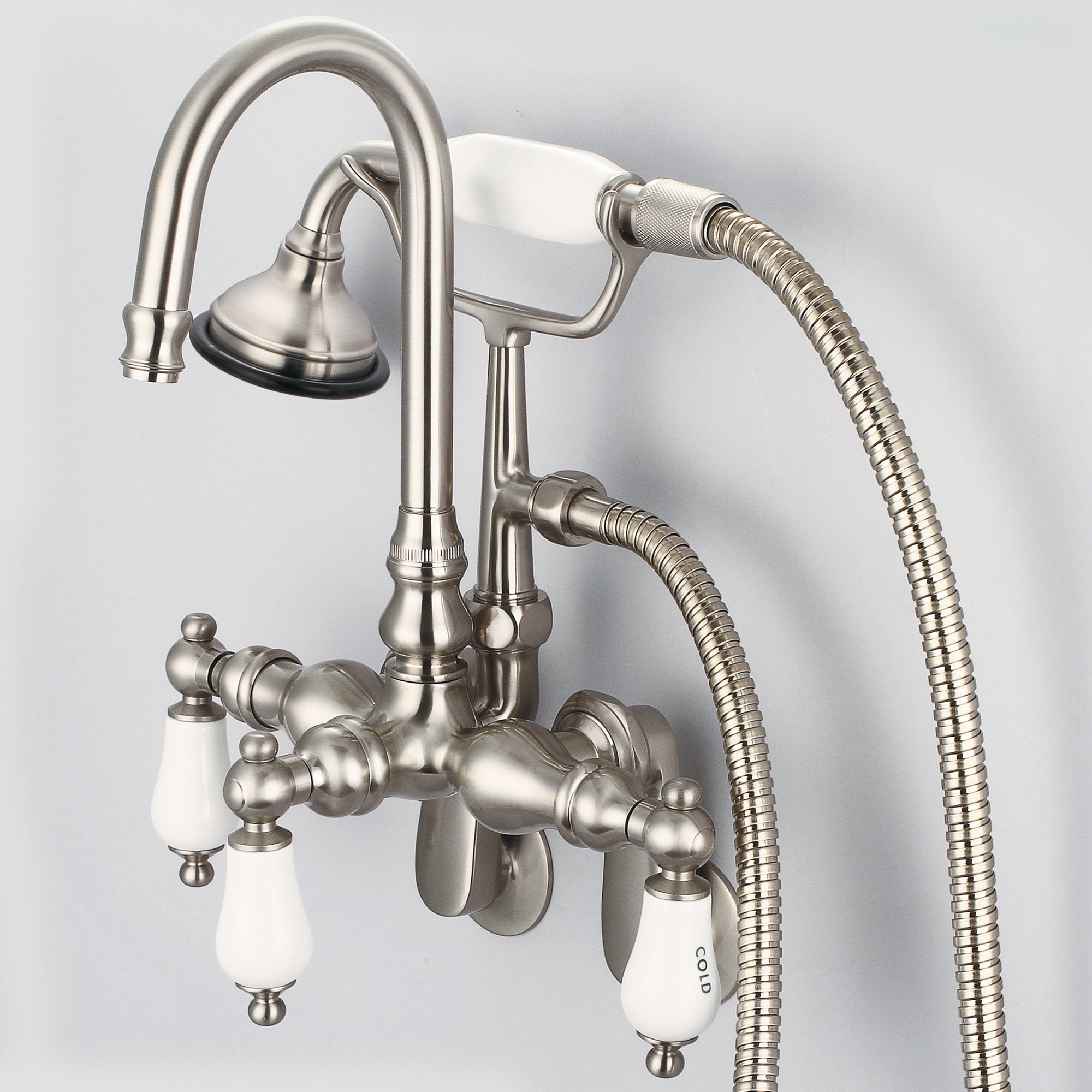 Water Creation | Vintage Classic Adjustable Spread Wall Mount Tub Faucet With Gooseneck Spout, Swivel Wall Connector & Handheld Shower in Brushed Nickel Finish With Porcelain Lever Handles, Hot And Cold Labels Included | F6-0011-02-CL