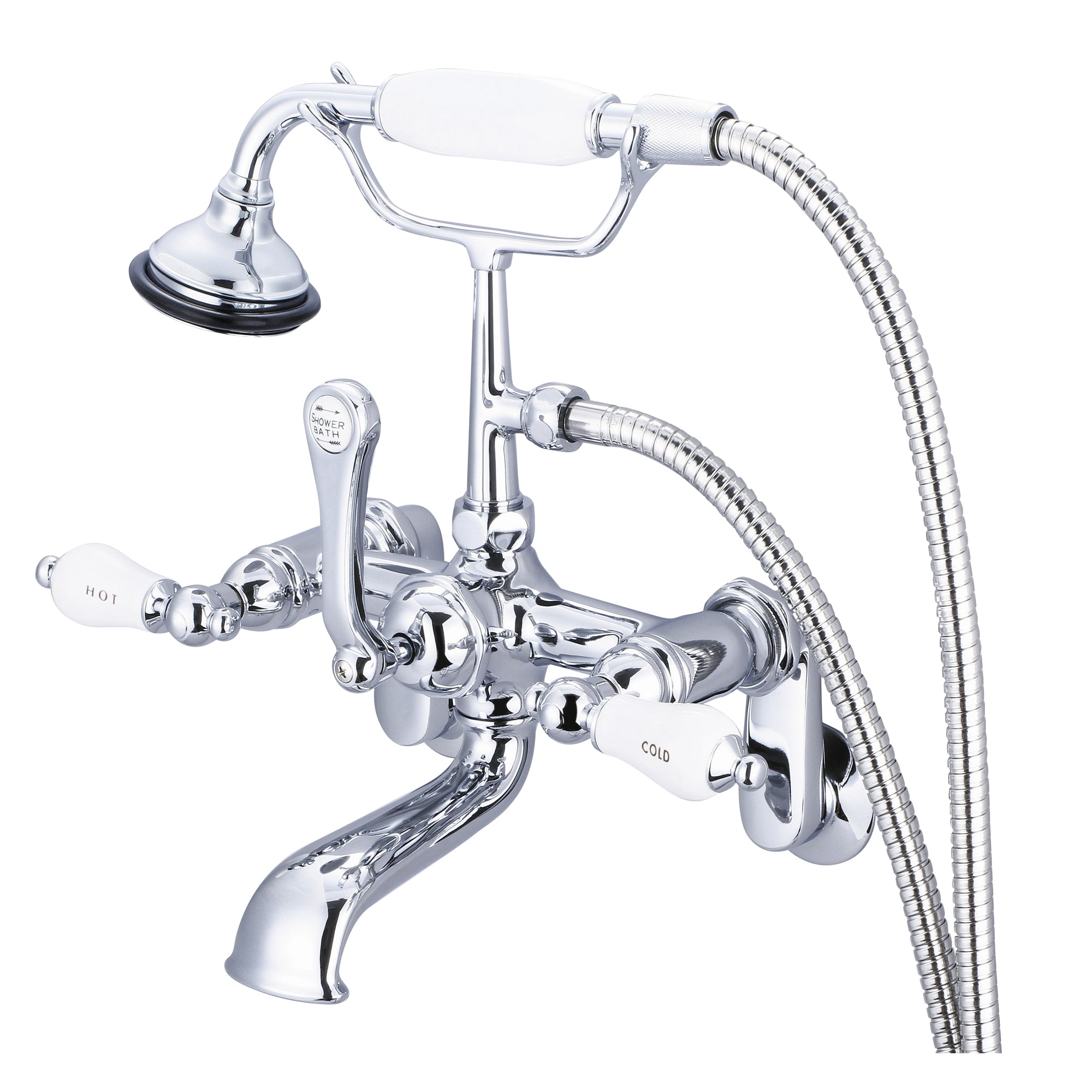 Water Creation | Vintage Classic Adjustable Center Wall Mount Tub Faucet With Swivel Wall Connector & Handheld Shower in Chrome Finish With Porcelain Lever Handles, Hot And Cold Labels Included | F6-0009-01-CL