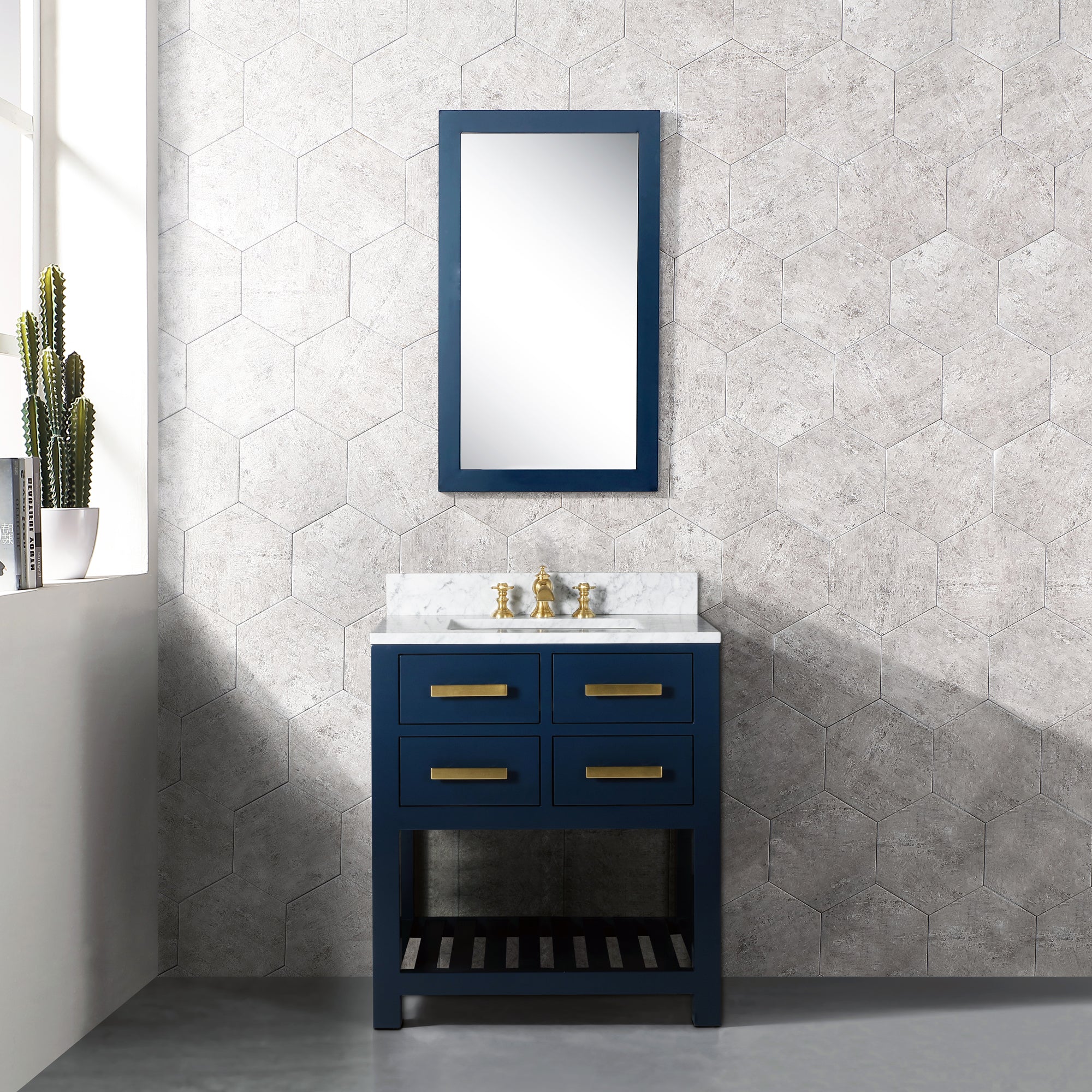 Water Creation | 30 Inch Monarch Blue Single Sink Bathroom Vanity With F2-0013 Satin Gold Faucet From The Madalyn Collection | MA30CW06MB-000FX1306